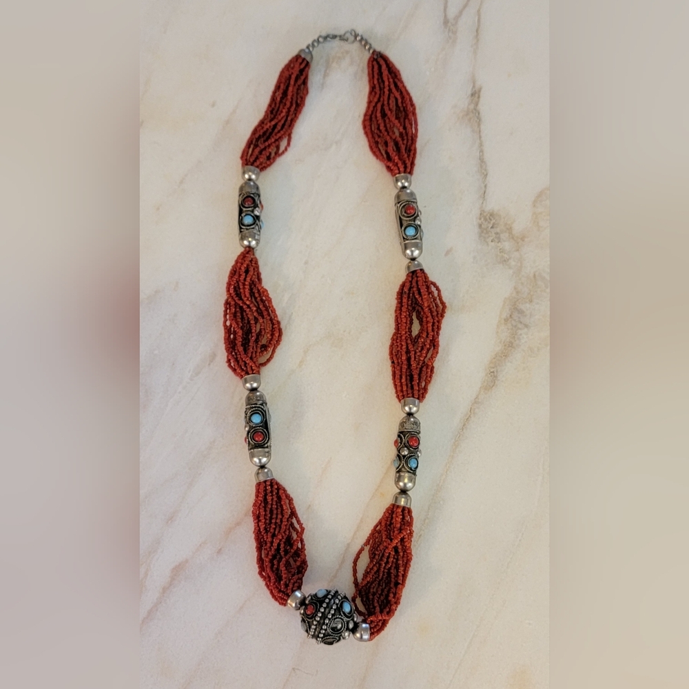 Vintage Tibetan Multi-Strand Red Coral Seed Bead Necklace Silver Turquoise Coral